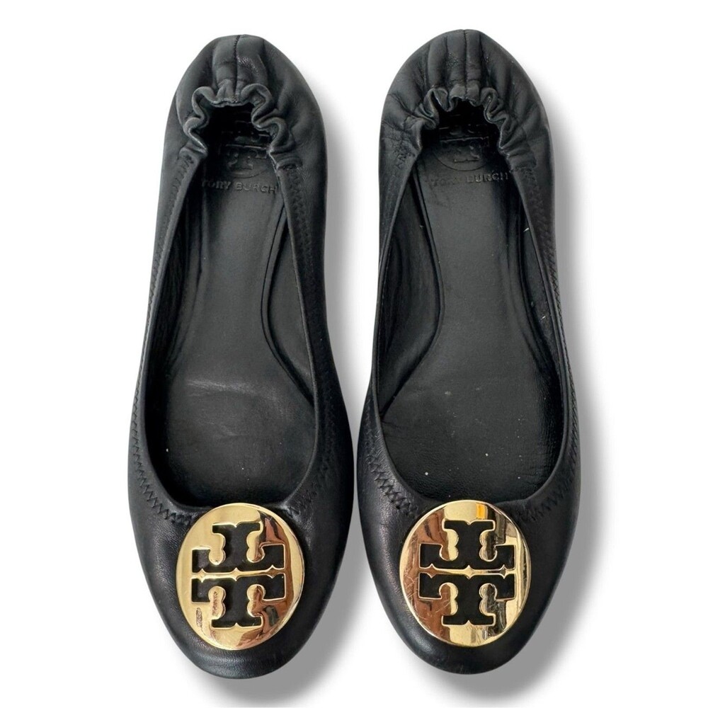 Tory Burch Reva Ballet Flats Women’s Size 8 Black Leather Gold Logo Shoes